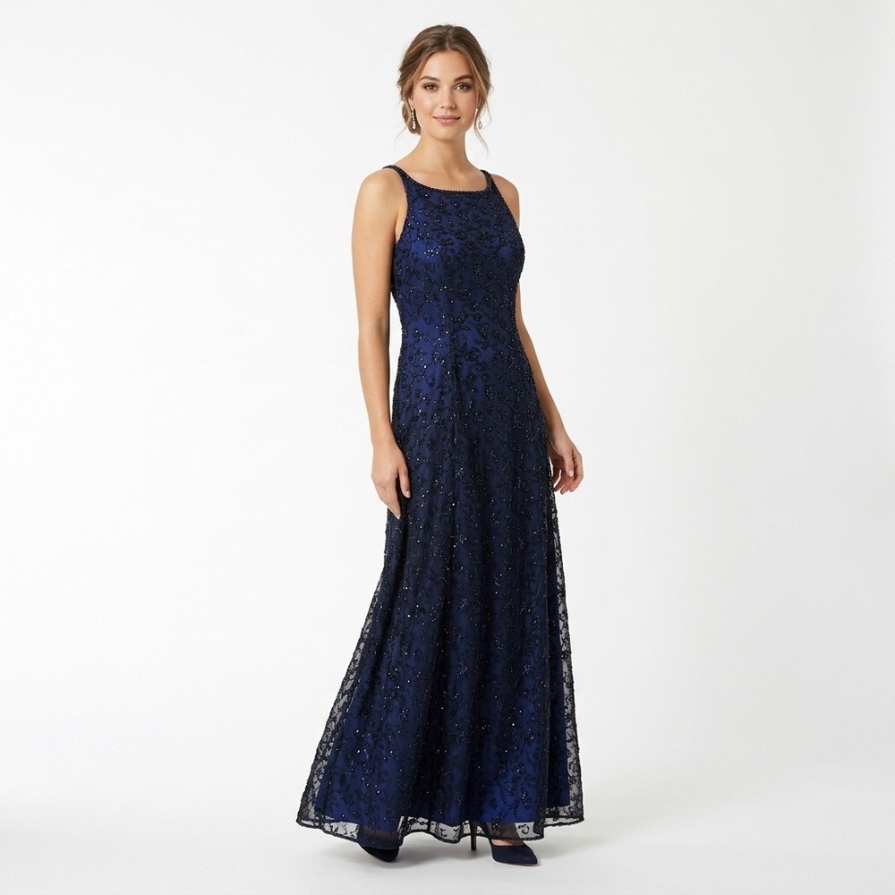 Betsy & Adam Navy Blue Beaded Sequin Mesh Overlay Formal Gown 12P Gothic